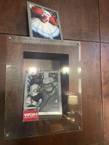 WGN chicago green room, before Morgan from the Clay Coyote went on live photo of bozo the clown and harry caray
