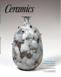 photo of a cover of the magazine ceramics monthly with a white and brown vase on the front