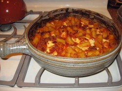 phot of penne in tomato sauce in a cazuela