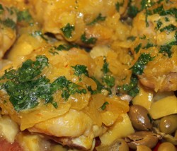 very close up image of a chicken tagine meal with parsley on top