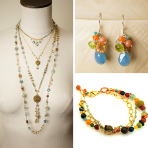 photo collage of a layered necklace; orange, blue, and green beaded earrings, and a gold beaded bracelet