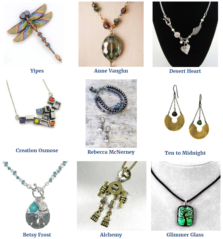 Our Annual jewelry bonanza will feature nine, yes NINE, unique jewelers from across the country Alchemy Anne Vaughn Betsy Frost Creation Osmose Desert Heart Glimmer Glass Rebecca McNerney Ten to Midnight Yipes