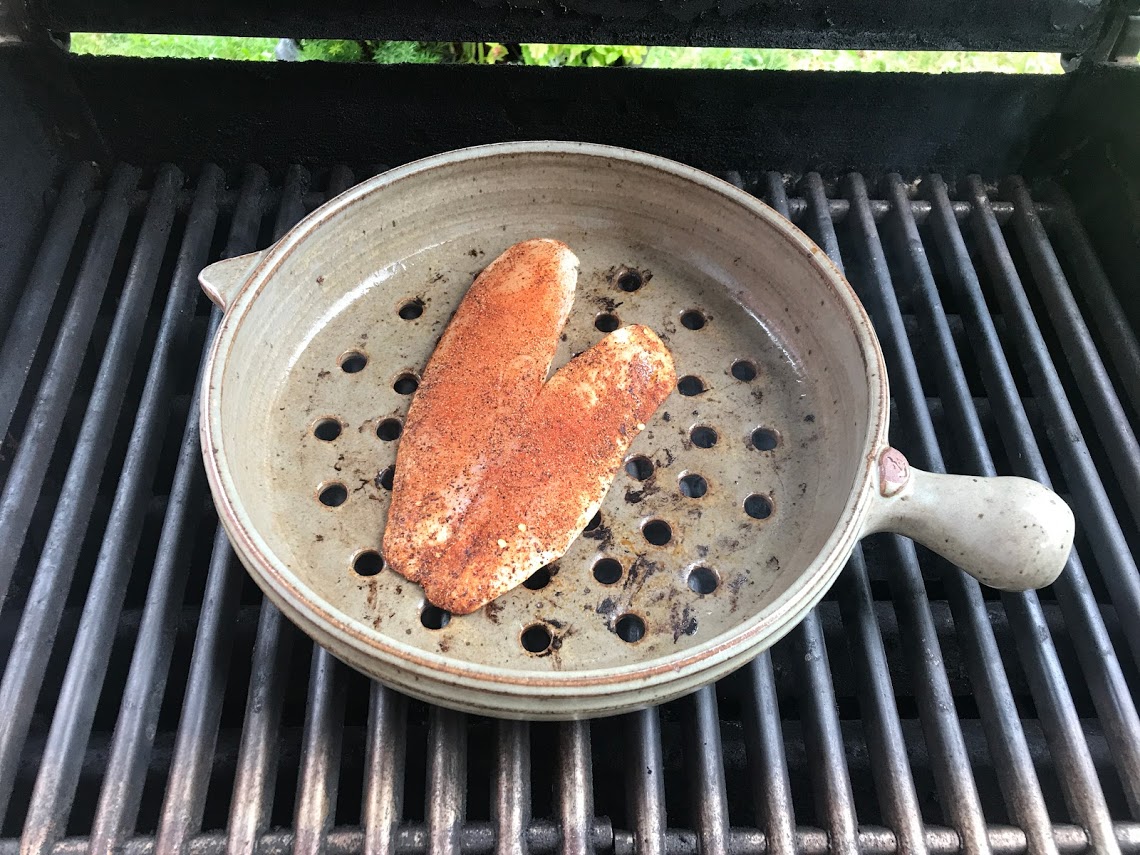 Fish tacos in a clay coyote grill basket