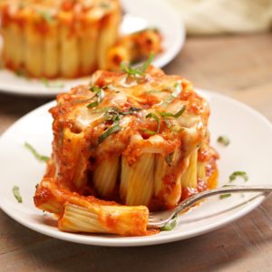 photo of vertical rigatoni noodles with red suace and cheese on a white plate