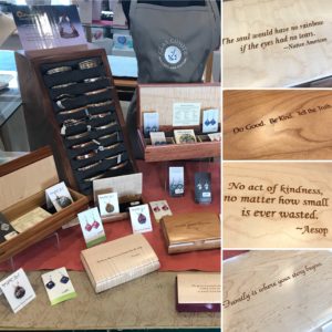 photo collage of wood pieces with carved quotes and some jewelry around it