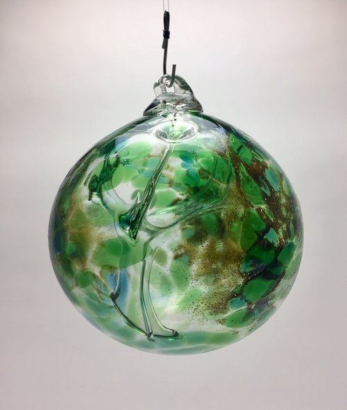 Gray Art Glass Small Witchball Gold Emerald