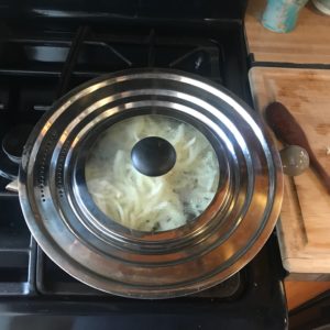 Saute Onions for French Onion Soup in a Clay Coyote Flameware Cazuela that is both stovetop and oven safe