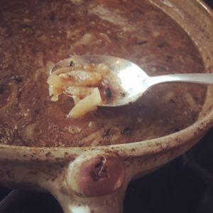 French Onion Soup in a Clay Coyote Flameware Cazuela that is both stovetop and oven safe