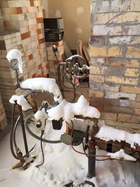 Snow on our gas kiln ward burners in April 2018