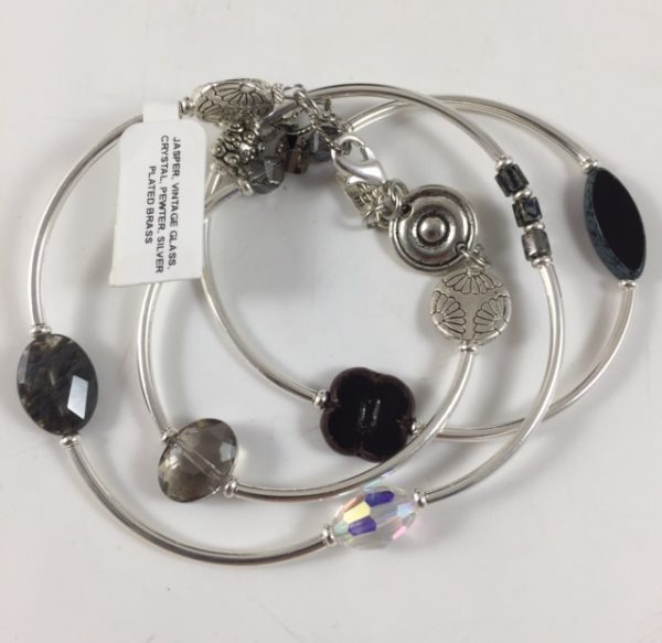 Triple Strand Wrap Bracelet with Jasper, vintage glass crystal and pewter