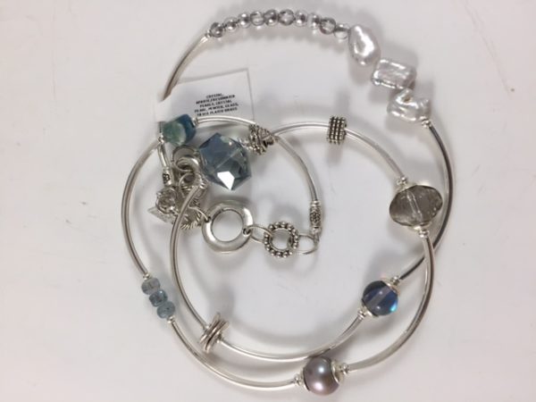 Triple Strand Wrap Bracelet with Apatite, freshwater pearls and pewter and silver plated brass