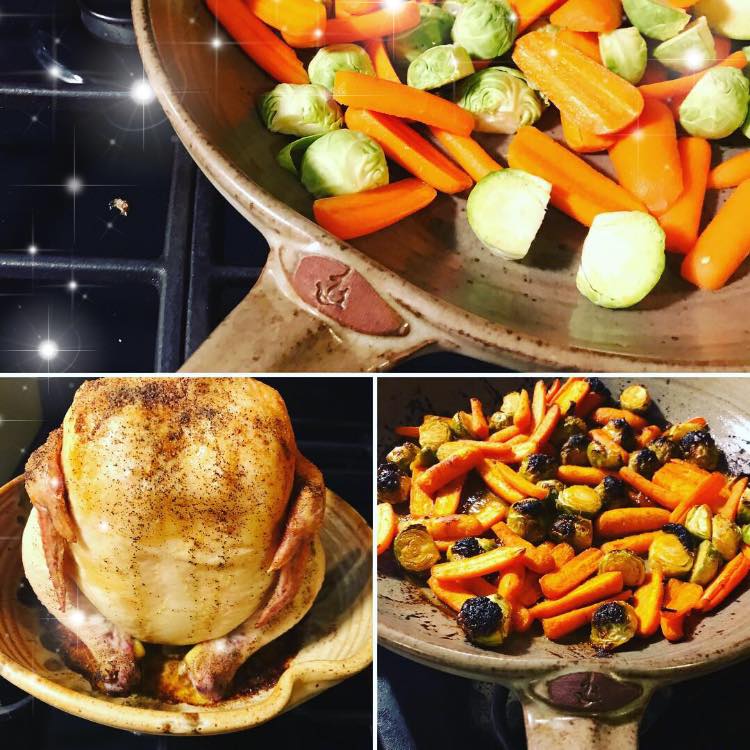 Beer Can Oven Chicken in a handmade clay baker and Bang Bang Brussel Sprouts and Carrots in a handmade Flameware Large Skillet. #whatsfordinner #cookingwithclay #mondays #leftoversfordays #bangbangbrusselsprouts