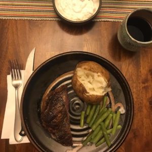 steak, potatoes, green beans