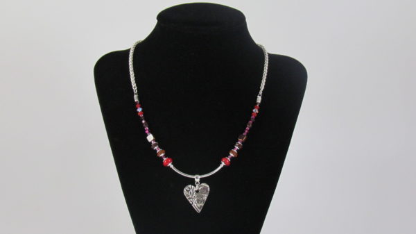 Desert Heart -- Heart Necklace with Crystal, Coral, and Silver Plated Brass and Pewter