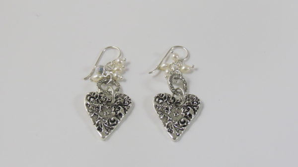 Desert Heart Drop Earrings with Freshwater Pearls, Crystal, and an Original Pewter Casting