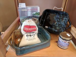 Clay Coyote Baking Dishes, Soberdough bread mix, Tait Farm Foods berry sauce, and easy gluten free cookbook