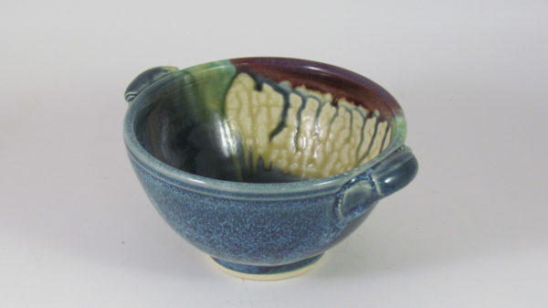 Clay and Paper Handled Soup Bowl in Blue and Cream with Red Accents