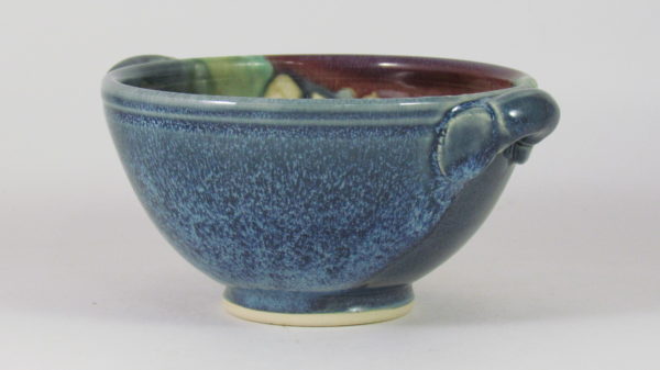 Clay and Paper Handled Soup Bowl in Blue and Cream with Red Accents