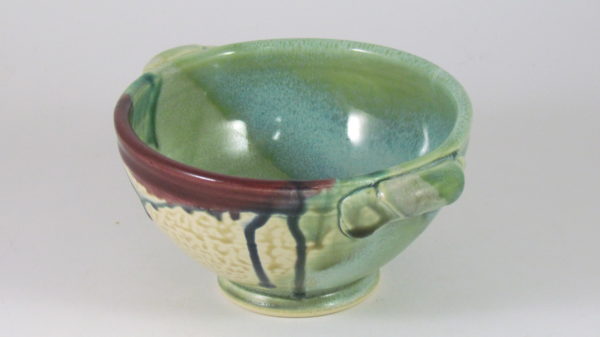 Clay and Paper Handled Soup Bowl in Green and Cream with Red Accents