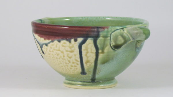 Clay and Paper Handled Soup Bowl in Green and Cream with Red Accents