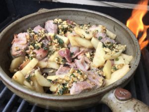 Pork Medallions with Bacon, Apples, and Walnut Pesto in a Clay Coyote Flameware Grill Basket