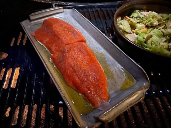 Salmon in a Clay Coyote Flameware Fish Tray on the grill