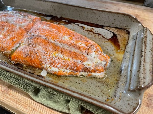 Salmon cooked in a Clay Coyote Flameware Fish Tray