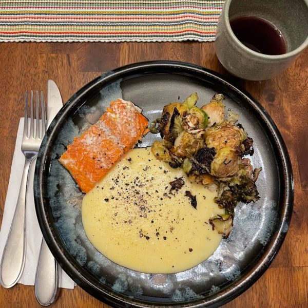 Salmon cooked in a Flameware Fish Tray and served on a Clay Coyote dinner plate