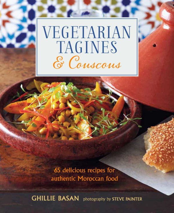 The cover of Vegetarian Tagines & Couscous by Ghillie Basan, featuring a spicy carrot and chickpea tagine with turmeric and coriander