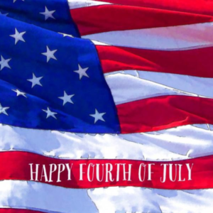 a picture of an american flag waving in the breeze with "Happy fourth of July" written in white on one of the red stripes of the flag.