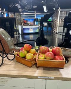 October 2022 Clay Coyote featured on WCCO Saturday Morning Show cooking with seasonal apples, pork, and pesto in a flameware cazuela and grill basket