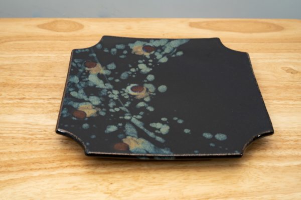 the photograph shows a clay coyote sushi plate glazed in midnight garden resting flat on a a light colored wooden surface. the colorful part of the midnight garden design in mostly on the left side of the plate.