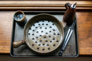 the photograph shows a clay coyote flameware grill basket resting on a cooking sheet tray. on the tray with the grill basket are a pair of metal tongs, a clay coyote yunomi wine cup filled with wine, and an oil cruet. the main bulbus handle of the grill basket is pointed towards the lower left corner of the photograph. the smaller secondary triangular handle is pointed towards the upper right corner of the photograph. the photograph is taken from an overhead or top down angle. the baking sheet pan is resting on a brown wooden surface. the photograph is lit with natural light, and seems like it was taken near a window during the day.